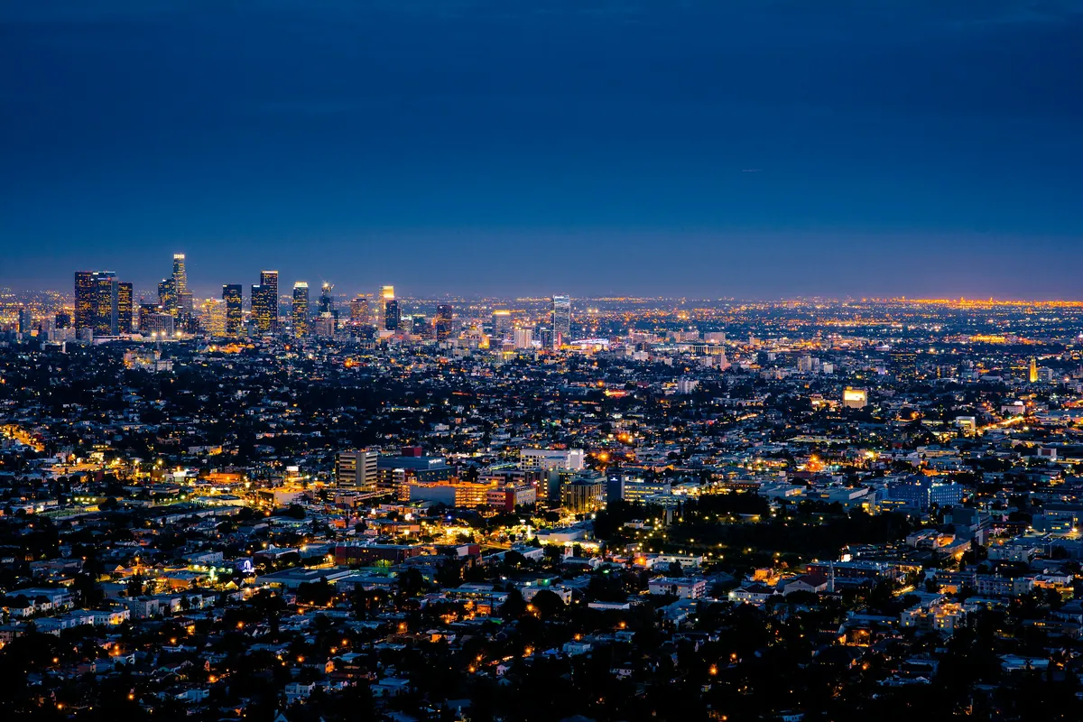 Downtown Los Angeles skyline at sunset