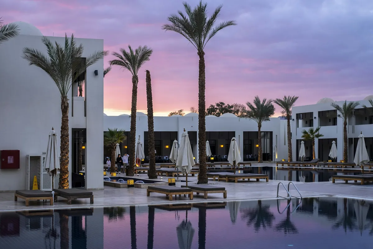 Resort pool at sunset with palm trees