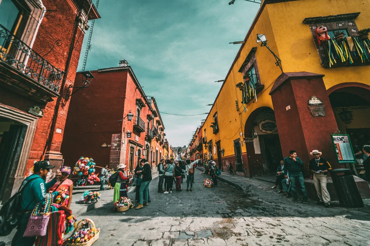 Colorful colonial buildings in a Mexican town